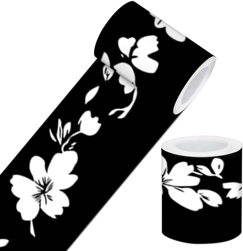 IVN Wallpaper Border Peel and Stick Decorative Wall Trim Self Adhesive Black and White Floral Silhouette Design Wallpaper for Bathroom Laundry Room Pool Area Mirror Frame Shelf Wall Edge 4x196 Inch - Image 1